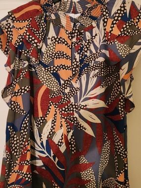 Women’s Multicolor Leaf Print Blouse - Casual Ruffle Sleeve Top